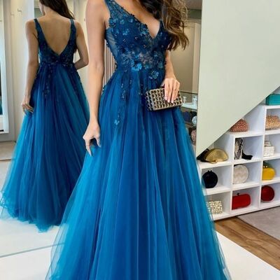 Elegant blue lace appliques mother of bride/ groom dress evening formal dress prom dress