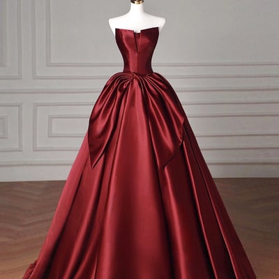 Burgundy satin floor length prom party dress - Thumbnail 1