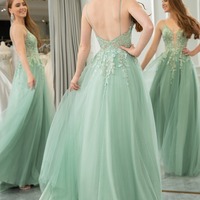 A Line Tulle Backless Green Long Prom Dress With Appliques,PD231333 - Thumbnail 1