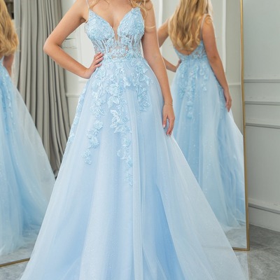 A line light blue prom dress tulle backless long corset evening dress with appliques,pd231334