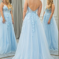 A Line Light Blue Prom Dress Tulle Backless Long Corset Evening Dress With Appliques,PD231334 - Thumbnail 1