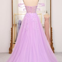 A Line Light Purple Prom Dress Off the Shoulder Long Corset Evening Dress With Slit,PD231335 - Thumbnail 1
