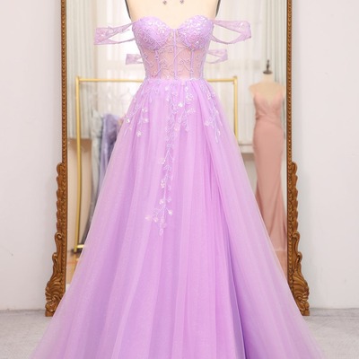 A line light purple prom dress off the shoulder long corset evening dress with slit,pd231335