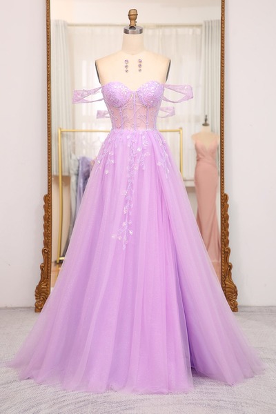 A Line Light Purple Prom Dress Off the Shoulder Long Corset Evening Dress With Slit,PD231335