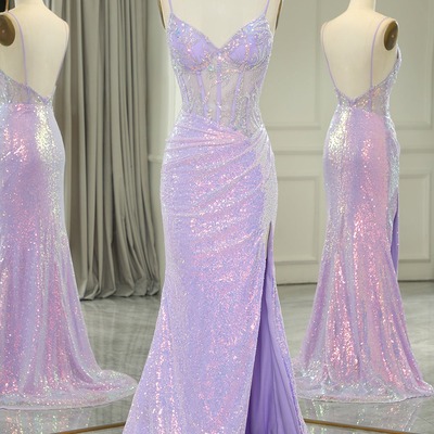 Mermaid light purple backless long corset prom dress with slit,pd231336