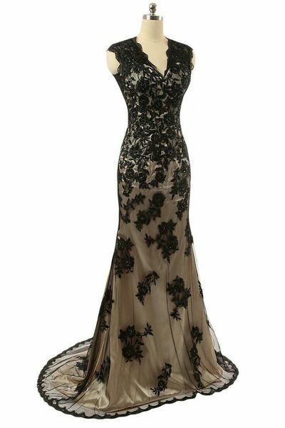 Elegant Champagne Black Appliques Mother of Bride/ Groom Dress Evening Formal Dress Prom Dress