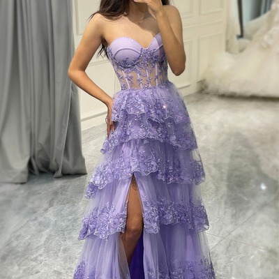 Sweetheart purple long corset tiered prom dress with slit,pd231341