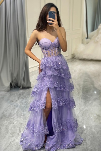 Sweetheart Purple Long Corset Tiered Prom Dress With Slit,PD231341