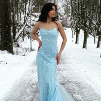 Mermaid Blue Prom Dress Tulle Backless Long Evening Dress with Lace,PD231342 - Thumbnail 2