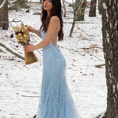 Mermaid blue prom dress tulle backless long evening dress with lace,pd231342