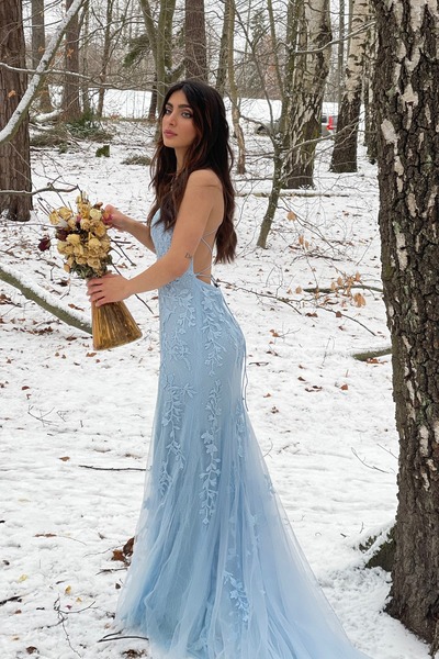 Mermaid Blue Prom Dress Tulle Backless Long Evening Dress with Lace,PD231342