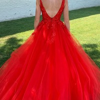 A Line Red Prom Dress V Neck Long Evening Dress With Appliques,PD231344 - Thumbnail 1