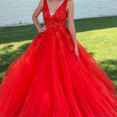 A line red prom dress v neck long evening dress with appliques,pd231344