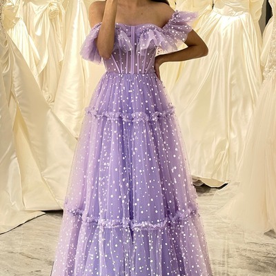  a line lilac prom dress tulle off the shoulder long corset evening dress,pd231345