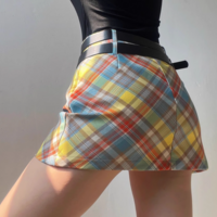 Plaid double belt A-line skirt short skirt high waist contrast color belt bottom hip skirt - Thumbnail 1