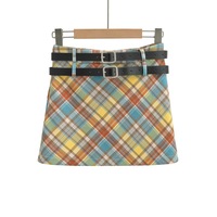 Plaid double belt A-line skirt short skirt high waist contrast color belt bottom hip skirt - Thumbnail 3