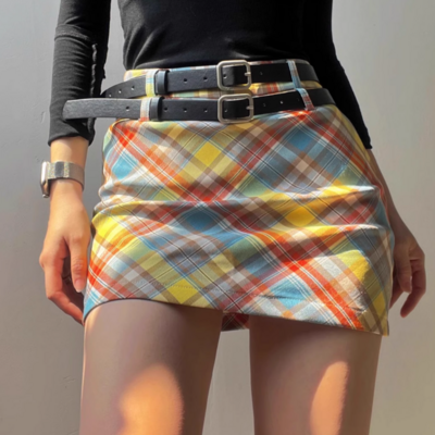 Plaid double belt a-line skirt short skirt high waist contrast color belt bottom hip skirt