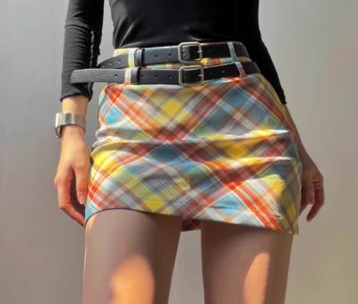 Plaid double belt A-line skirt short skirt high waist contrast color belt bottom hip skirt