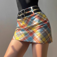 Plaid double belt A-line skirt short skirt high waist contrast color belt bottom hip skirt - Thumbnail 4