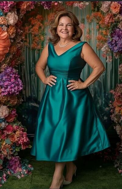 Elegant A Line Blue Tea-length Mother of Bride/ Groom Dress Evening Formal Dress Prom Dress