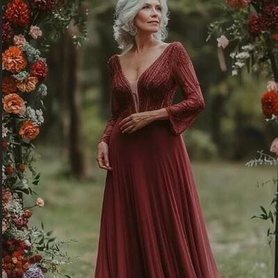 Elegant wine red burgundy long sleeve mother of bride/ groom dress evening formal dress prom dress
