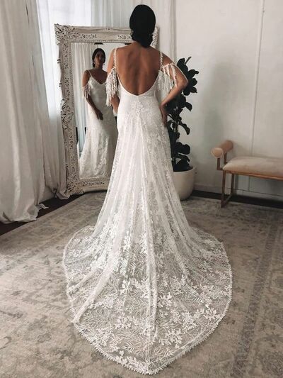 Sexy A-line Wedding Dress, Backless Lace Bridal Dress Wedding Gown