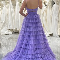  A Line Purple Prom Dress Tulle Long Tiered Evening Dress With Front Slit ,PD231351 - Thumbnail 1