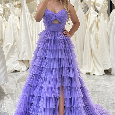  a line purple prom dress tulle long tiered evening dress with front slit ,pd231351