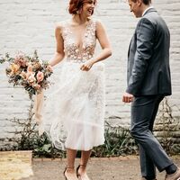 Midi Lace Wedding Dress, Short Bridal Dress Wedding Gown - Thumbnail 1