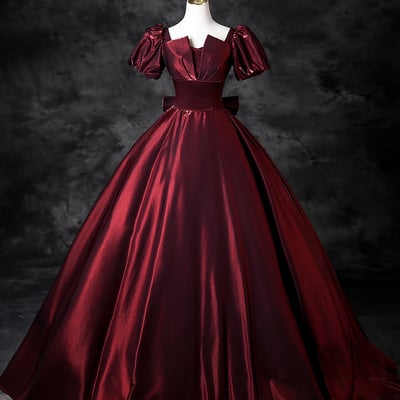 Burgundy satin floor length prom party dress - Thumbnail 2