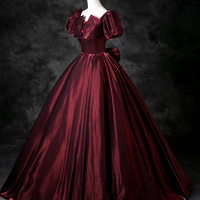 Burgundy Satin Floor Length Prom Party Dress - Thumbnail 1