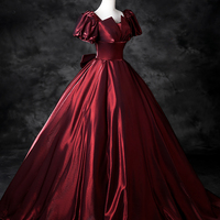 Burgundy Satin Floor Length Prom Party Dress - Thumbnail 2