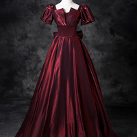 Burgundy Satin Floor Length Prom Party Dress - Thumbnail 4