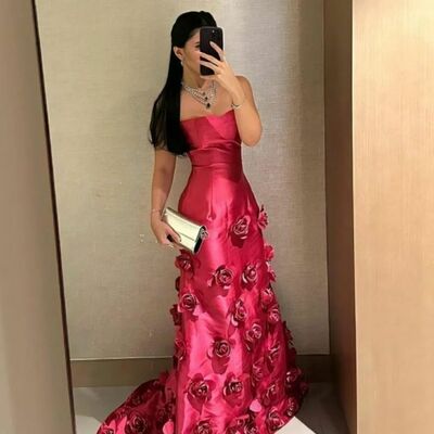 Elegant red sheath handmade flowers prom dress formal dress evening gowns - Thumbnail 1