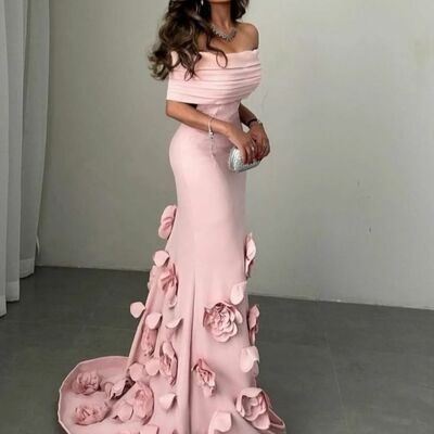 Elegant pink sheath handmade flowers prom dress formal dress evening gowns - Thumbnail 1
