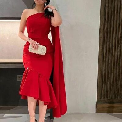 Red sheath prom dress tea-length evening formal gowns