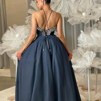 Navy Blue Ball Gown Puffy Prom Dress Tea-length Evening Formal Gowns - Thumbnail 4