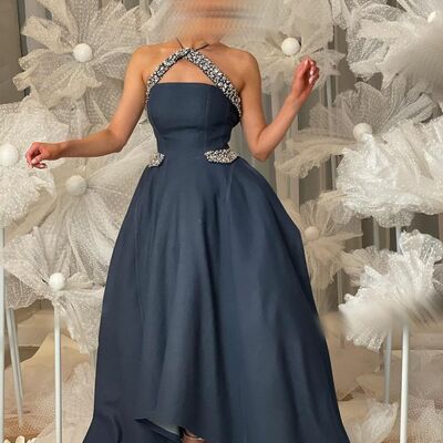 Navy blue ball gown puffy prom dress tea-length evening formal gowns
