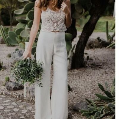 Elegant chic wedding pantsuit, sheath side split bridal pantsuit