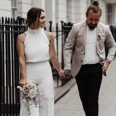 Elegant chic wedding pantsuit, sheath side split bridal pantsuit