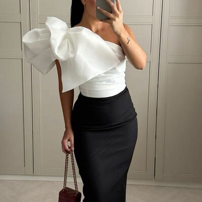 Elegant black and white sheath one shoulder prom dress evening formal gowns - Thumbnail 2