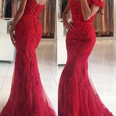 Elegant red sheath lace appliques prom dress evening formal gowns - Thumbnail 3