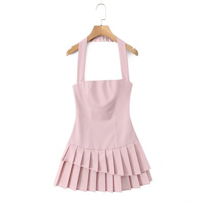 Sexy slim halter neck double layer pleated miniskirt dress