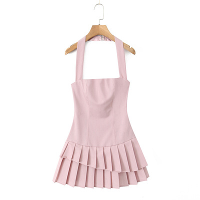 Sexy Slim Halter Neck Double Layer Pleated Miniskirt Dress