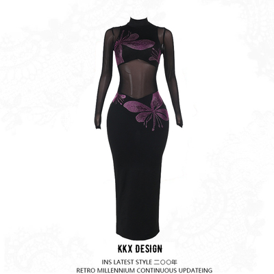 Grey floral rhinestone dress sexy see-through hip-hugging long skirt