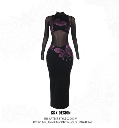 Grey floral rhinestone dress sexy see-through hip-hugging long skirt