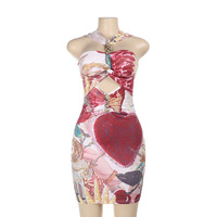 Fashion Print Metal Button Hollow Dress - Thumbnail 5