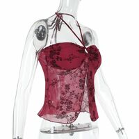 Retro Print Sexy Top Flocked Hot Girl Halter Vest - Thumbnail 4