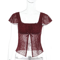 Square collar small flying sleeve top women's summer sexy slit slim short sleeve T-shirt - Thumbnail 2