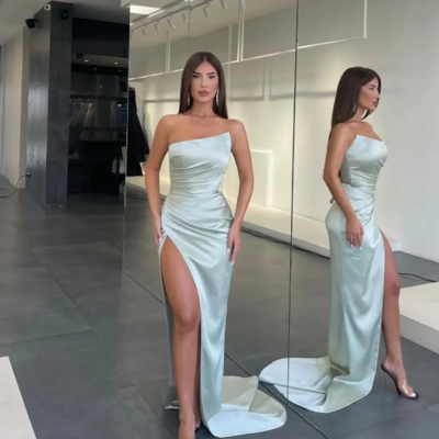 Dubai mermaid satin high side split prom dresses for women - Thumbnail 2